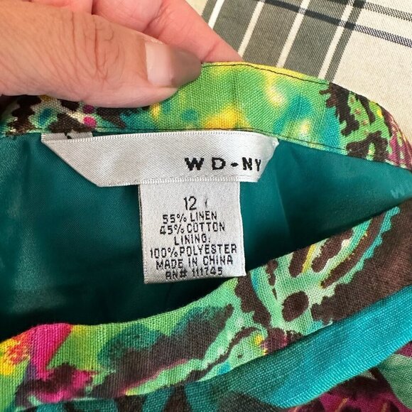 WD NY Skirt Sz 12 Colorful Astract Gold Pailettes Cotton Linen A Line Artsy Boho - Picture 7 of 9